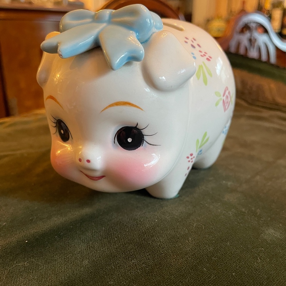 Vintage Lefton Piggy Bank with Blue Bow
